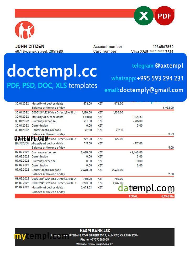Kazakhstan Kaspi bank statement Excel and PDF template