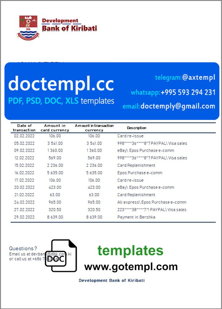 Kiribati Development Bank of Kiribati proof of address bank statement template in Word and PDF format (.doc and .pdf)