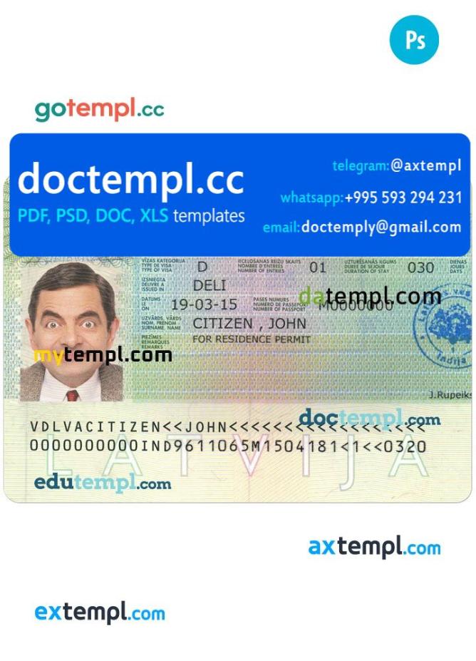 Latvia travel visa PSD template, completely editable, with fonts