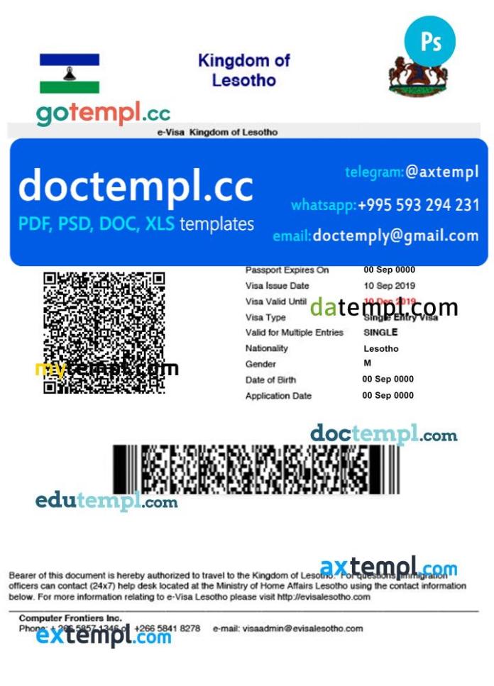 Lesotho electronic visa PSD template, completely editable, with fonts