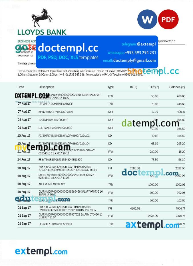 Lioyds Bank organization account statement Word and PDF template