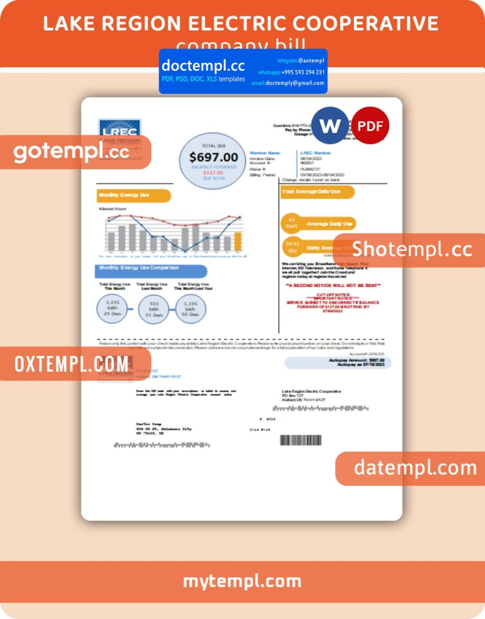 Lake Region Electric Cooperative business utility bill, Word and PDF template, 4 pages, version 3