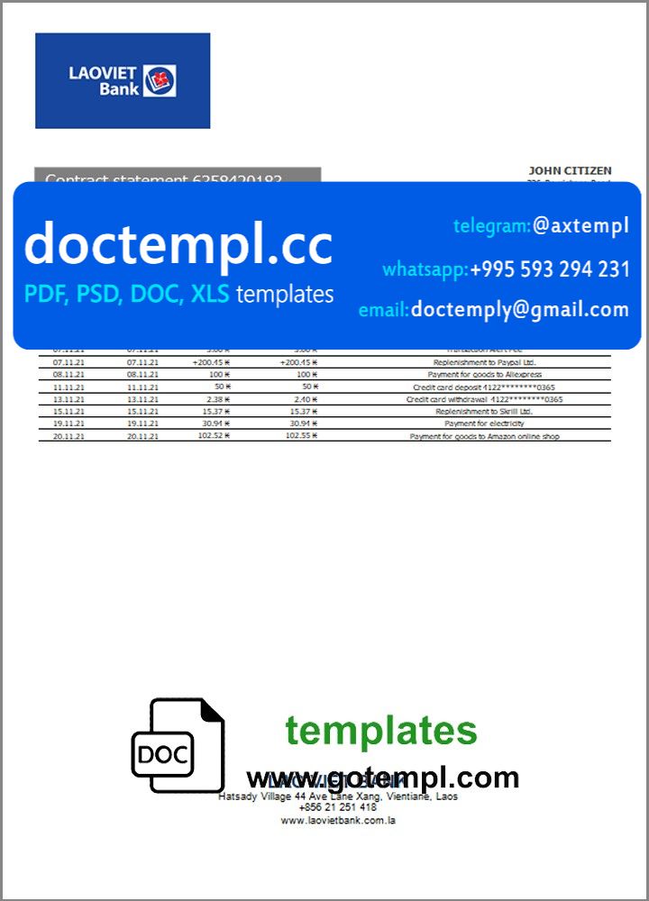 Laos Lao Viet bank statement template, Word and PDF format (.doc and .pdf)