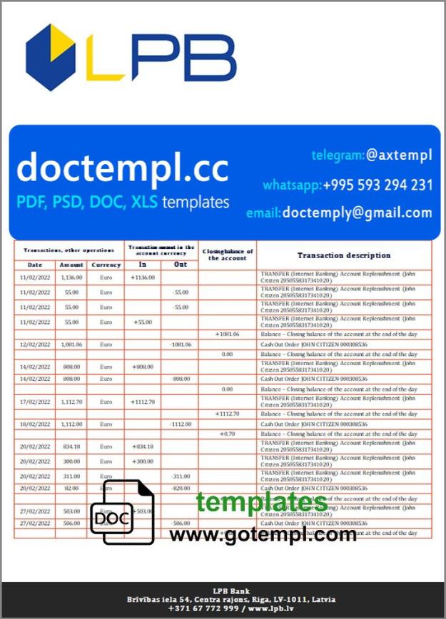 Latvia LPB bank statement template, Word and PDF format (.doc and .pdf)