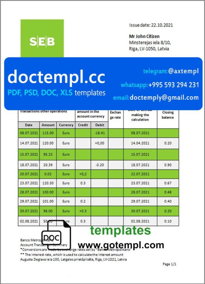 Latvia SEB bank statement template, Word and PDF format (.doc and .pdf)