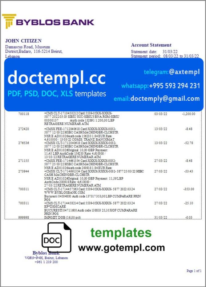 Lebanon Byblos Bank statement template in Word and PDF format