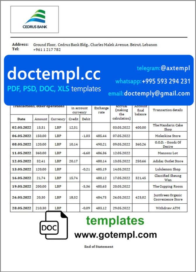 Lebanon Cedrus Bank statement template in Word and PDF format