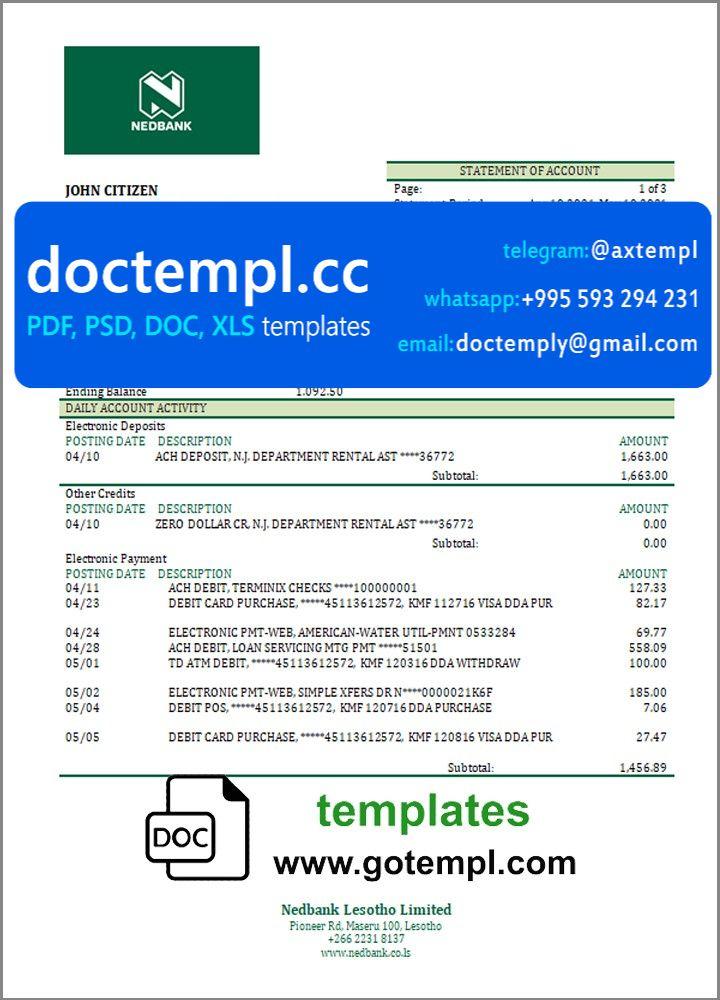 Lesotho Nedbaank Bank statement template in Word and PDF format