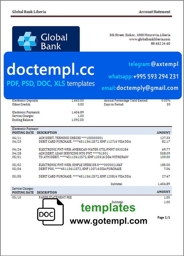 Liberia Global bank statement template in Word and PDF format