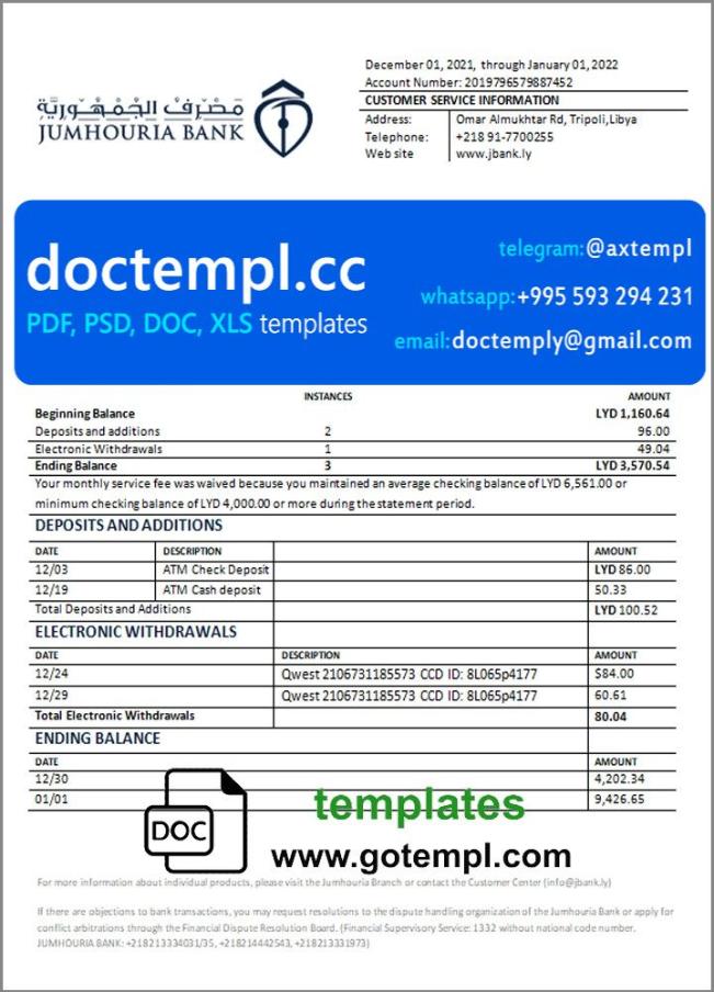 Libya Jumhouria Bank statement template in Word and PDF format