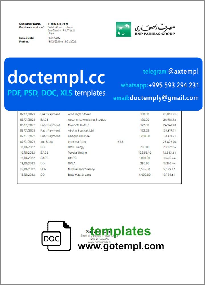 Libya Sahara Bank statement template in Word and PDF format