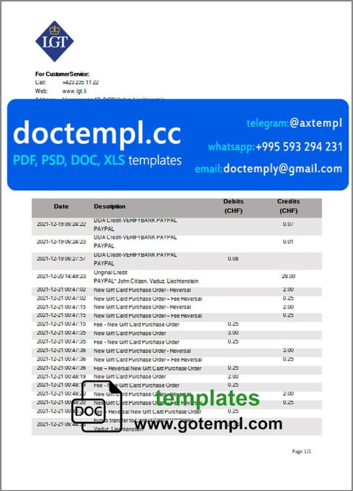 Liechtenstein LGT Bank statement template in Word and PDF format