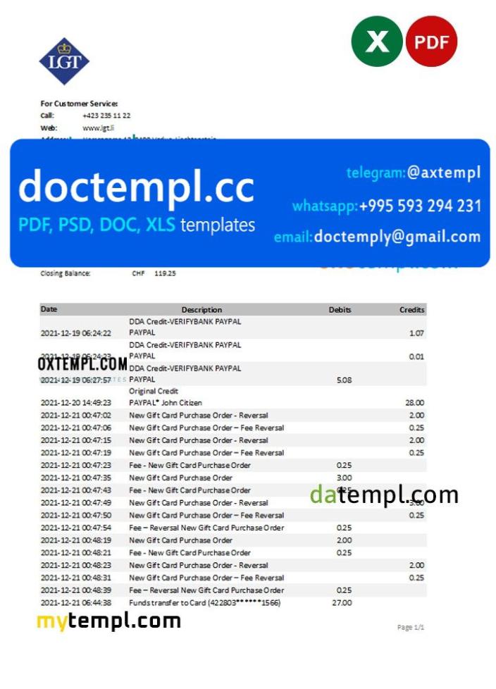 Liechtenstein LGT bank statement Excel and PDF template
