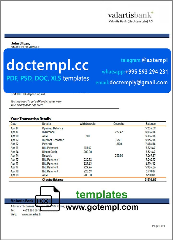 Liechtenstein Valartis Bank statement template in Word and PDF format