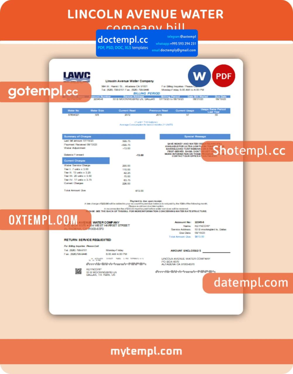 Lincoln Avenue Water Company business utility bill, Word and PDF template