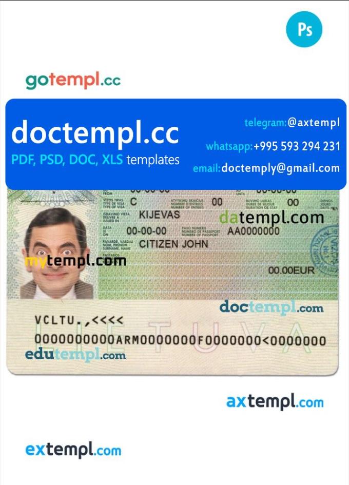 Lithuania (Litva) Schengen visa template in PSD format, fully editable