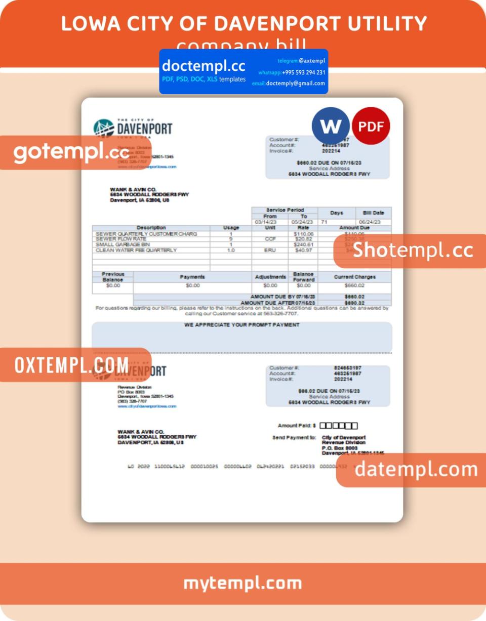 Lowa City of Davenport business utility bill, PDF and Word template