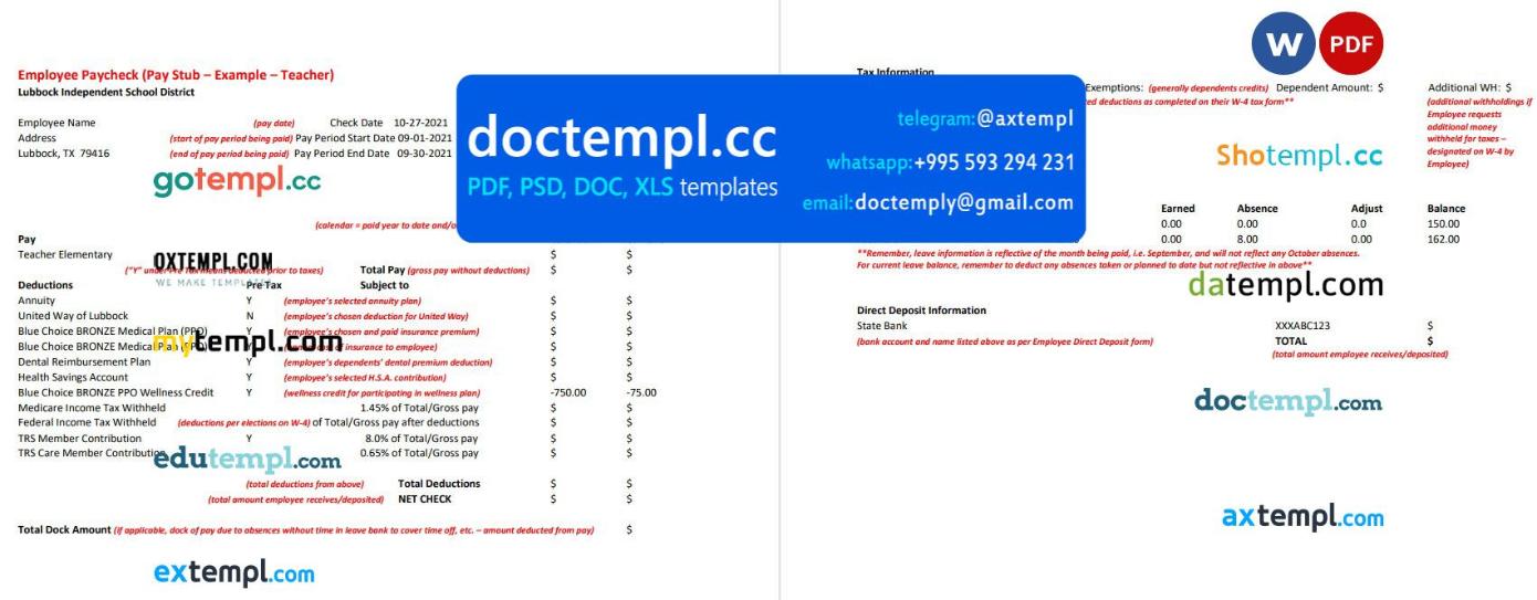 Lubbock Independent School District teacher pay stub Word and PDF template