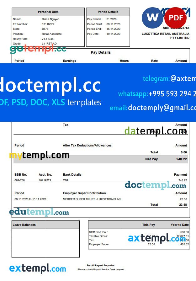 Luxottica Retail Paystub Word and PDF template