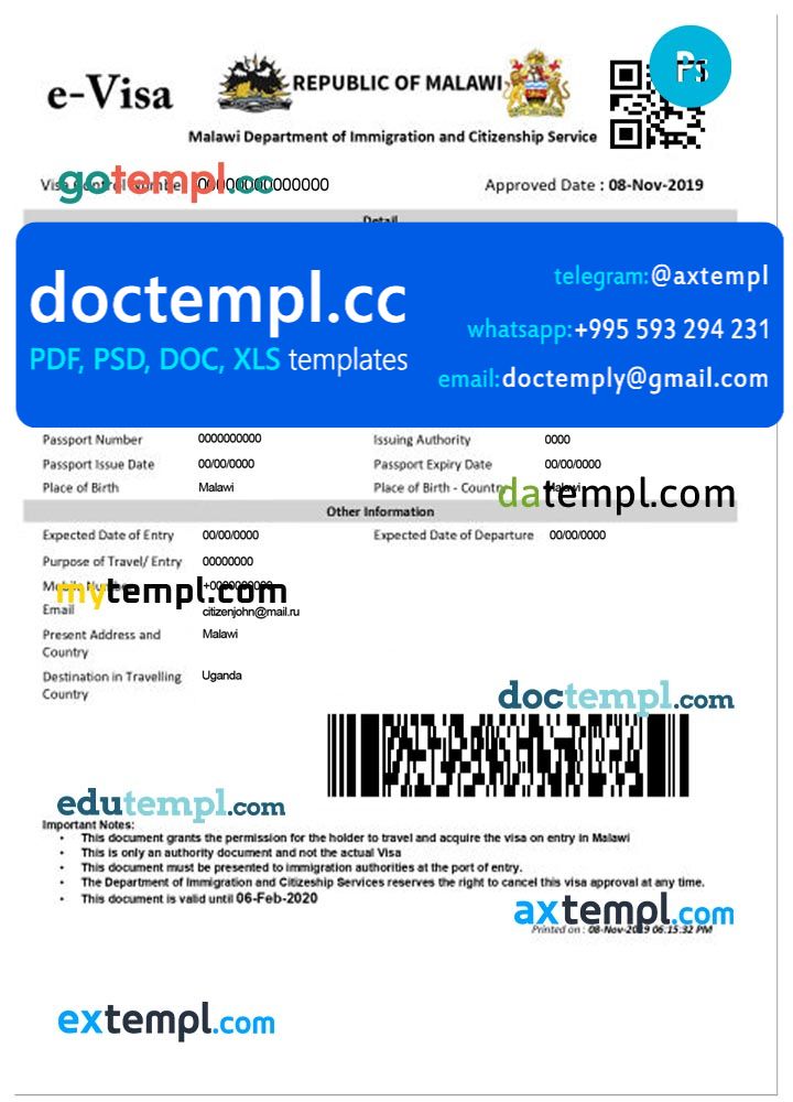 Malawi electronic travel visa PSD template, fully editable