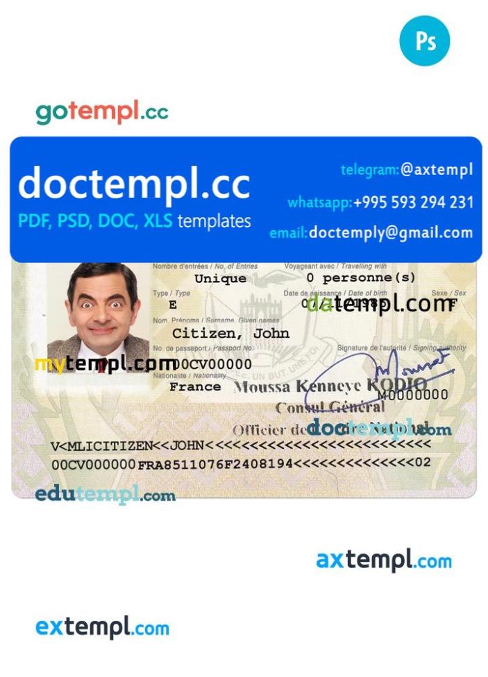 Mali entry visa PSD template, completely editable, with fonts