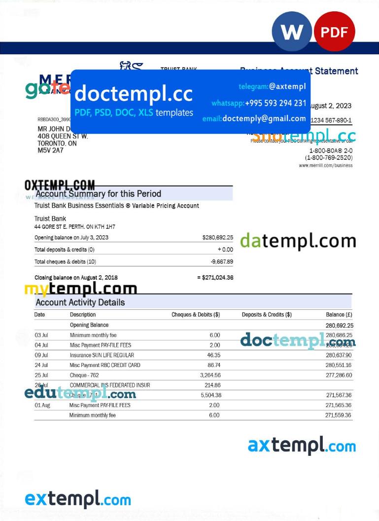 Merrill Bank organization account statement Word and PDF template