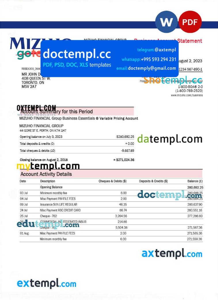 Mizuho Financial Group bank company account statement Word and PDF template