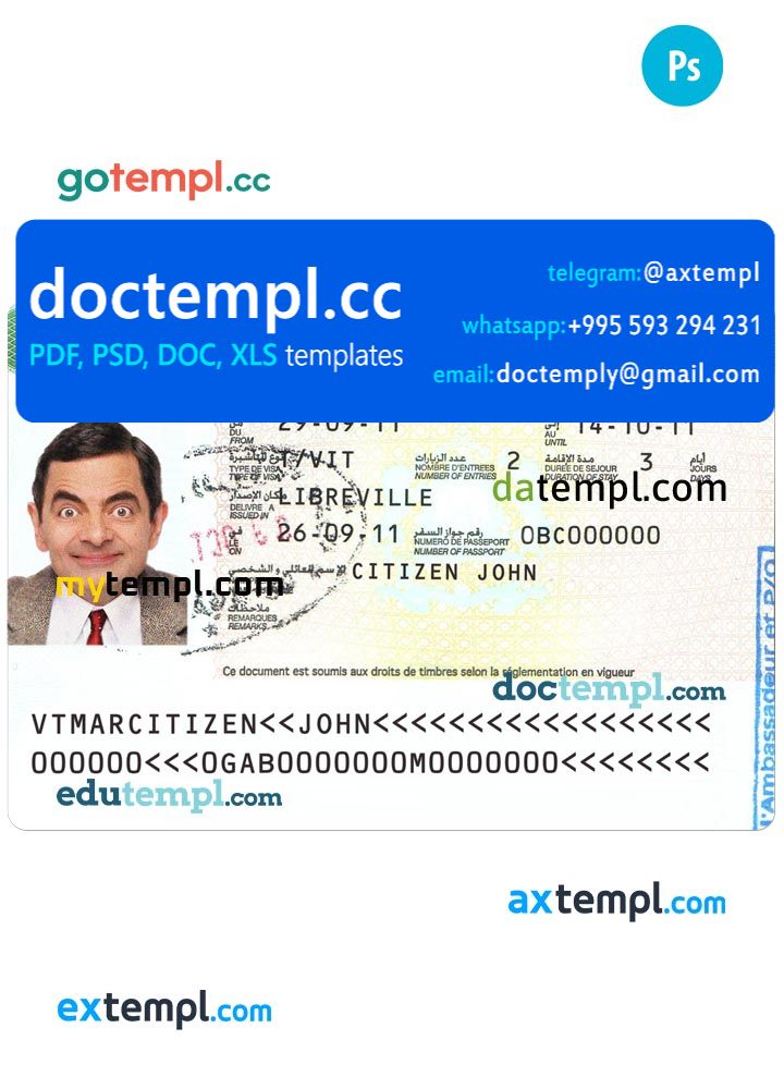 Morocco travel visa PSD template, completely editable, with fonts