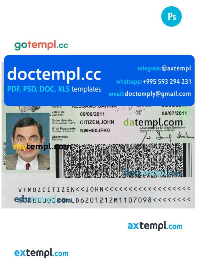 Mozambique entry visa PSD template, with fonts