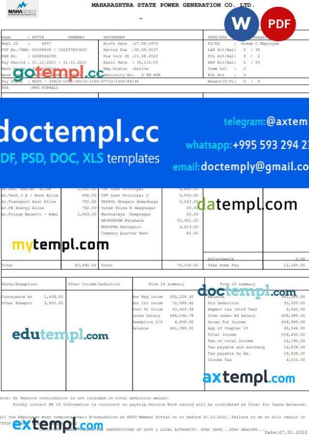 Maharashtra State Power Generation Co. Paystub Word and PDF template