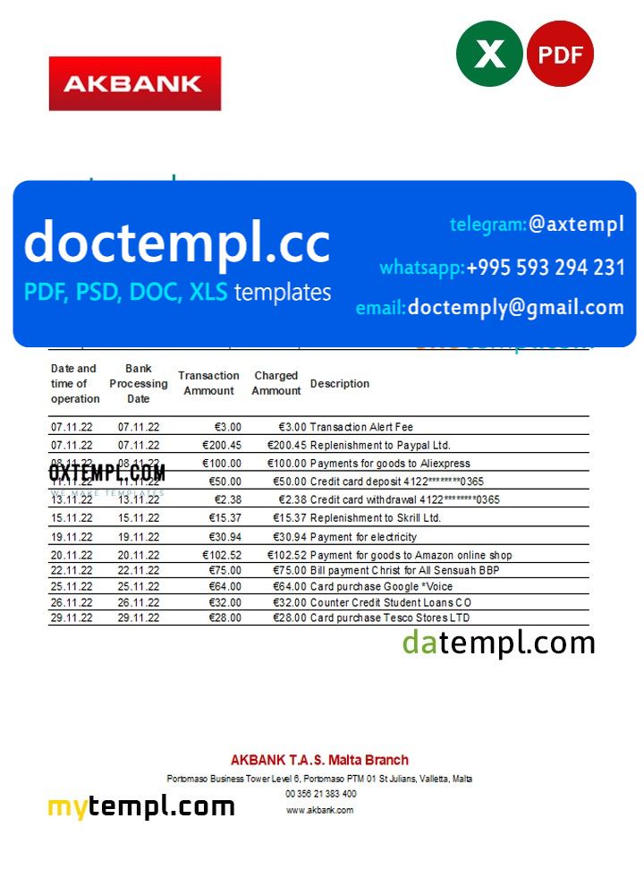Malta Akbank bank statement Excel and PDF template