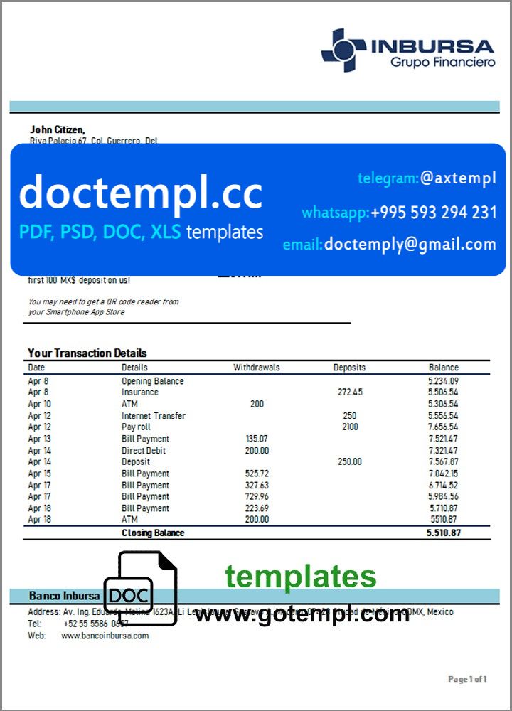 Mexico Inbursa Bank statement easy to fill template in Word and PDF format