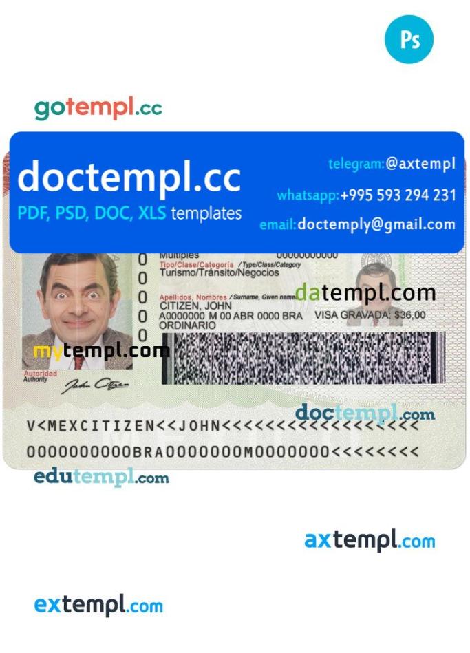 Mexico tourist visa PSD template, completely editable, with fonts