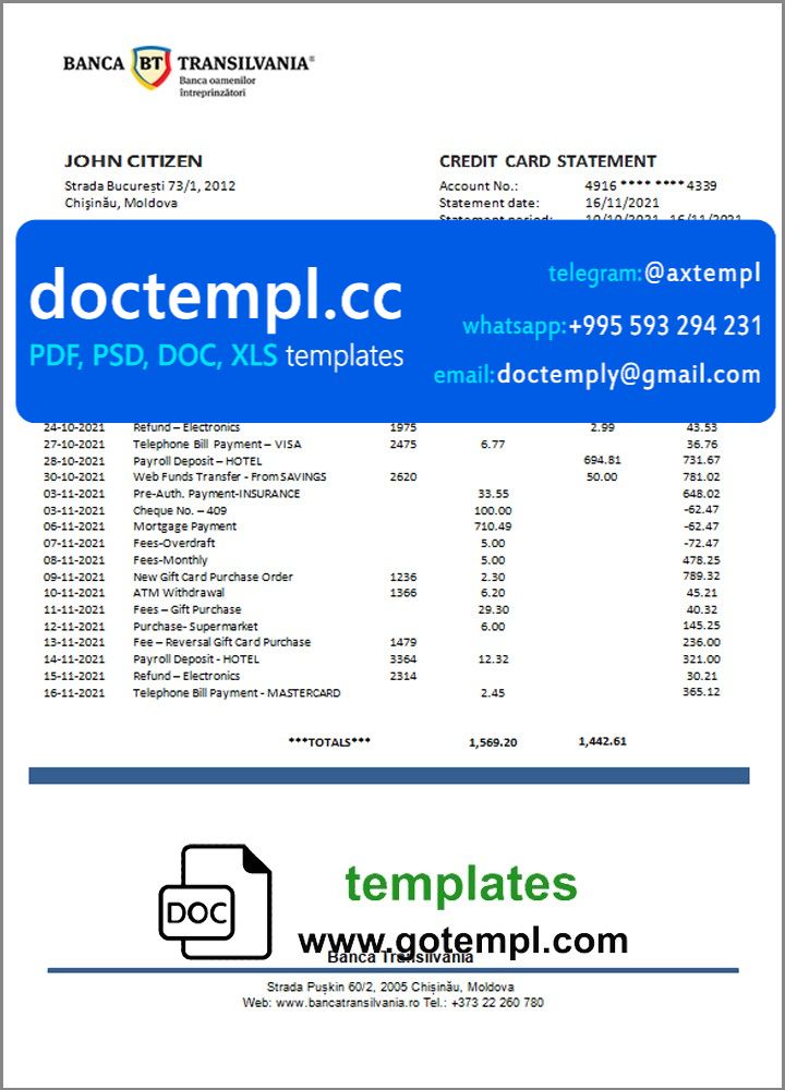 Moldova Banca Transilvania bank statement template in Word and PDF format