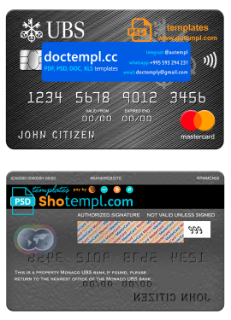 Monaco UBS bank mastercard, fully editable template in PSD format