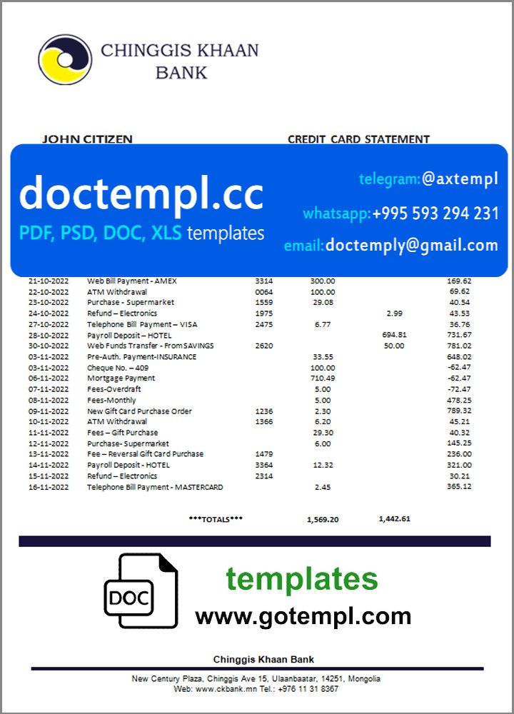 Mongolia Chinggis Khaan bank statement template in Word and PDF format