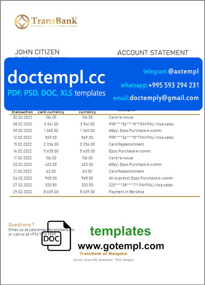 Mongolia Transbank bank statement template in Word and PDF format
