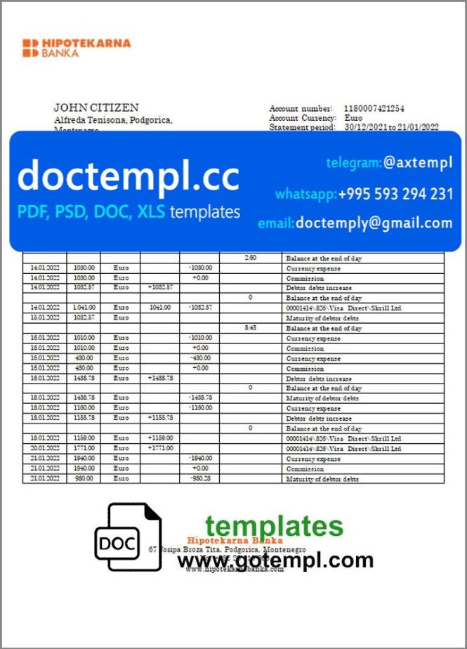 Montenegro Hipotekarna Bank statement template, Word and PDF format (.doc and .pdf)