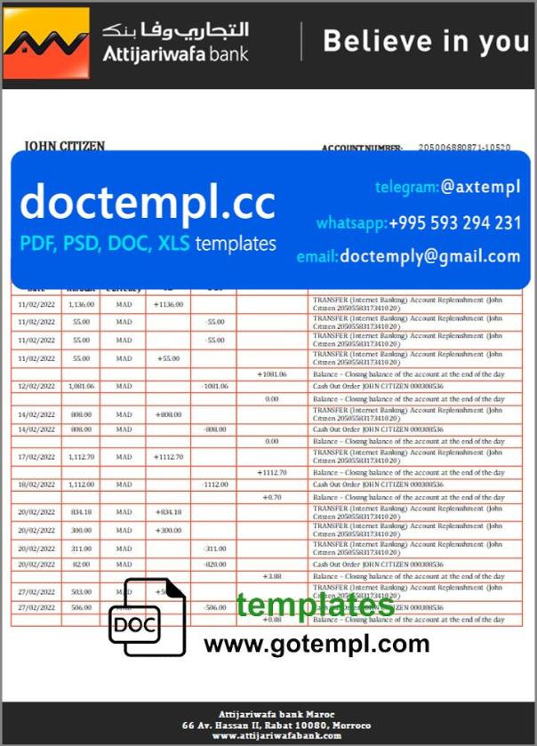Morocco Attijariwafa bank statement template in Word and PDF format, good for address prove