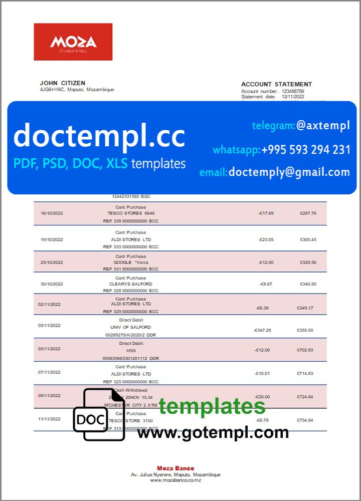 Mozambique Moza bank statement template in Word and PDF format