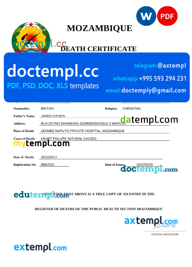 Mozambique vital record death certificate Word and PDF template
