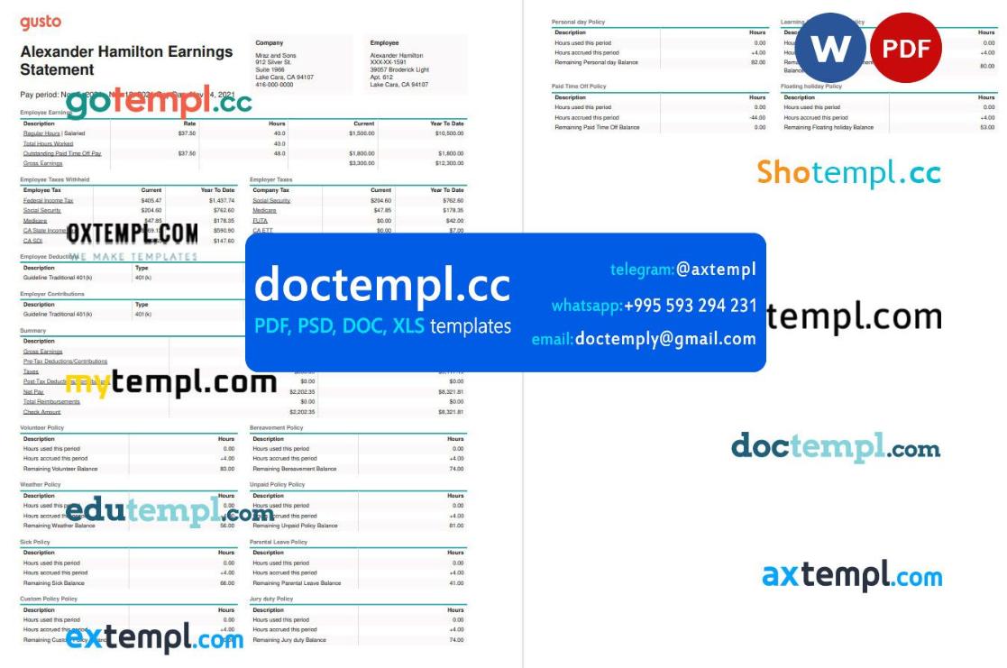 Mraz and Sons earnings statement Word and PDF template