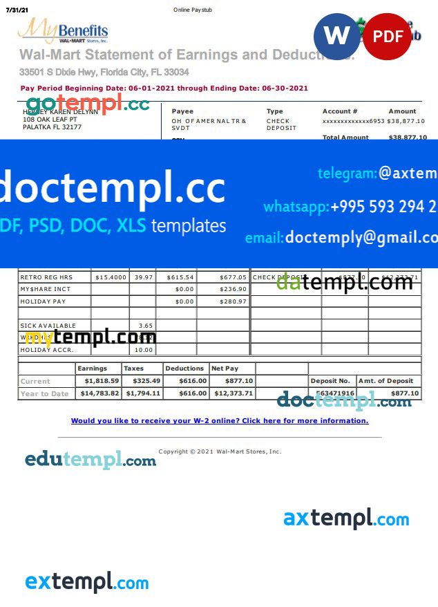 My Benefits Wal-Mart earnings statement Word and PDF template