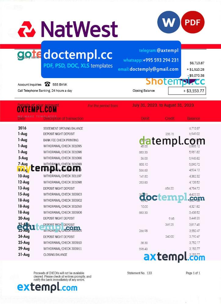 Natwest Bank enterprise account statement Word and PDF template