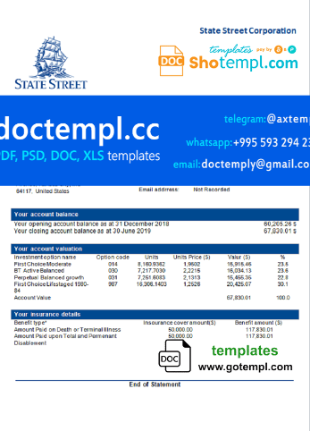 USA State Street Corporation bank statement template in Word and PDF format
