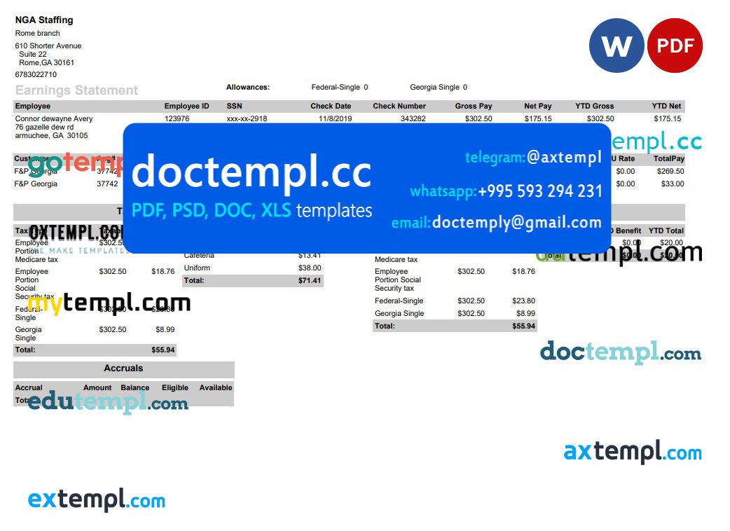 NGA Staffing pay stub template in PDF and Word format