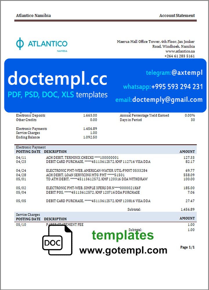 Namibia Atlantico bank statement template in Word and PDF format