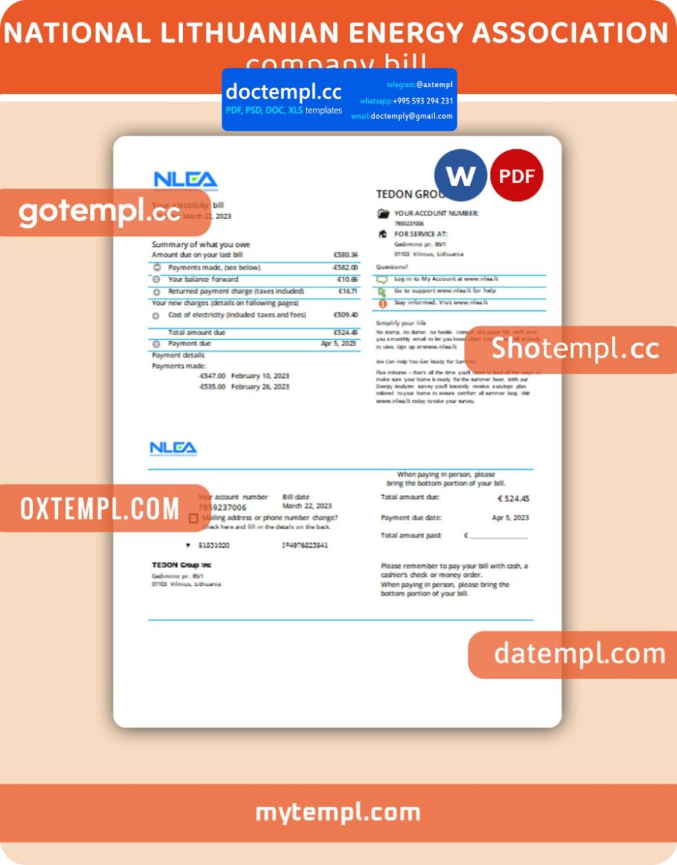 National Lithuanian Energy Association business utility bill, Word and PDF template, 4 pages, version 3