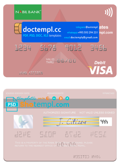 Nepal Nabil bank visa debit card, fully editable template in PSD format