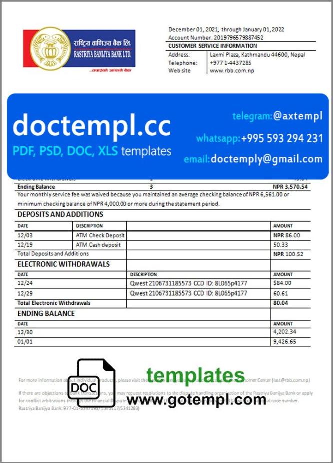 Nepal Rastriya Banijya Bank bank statement template in Word and PDF format